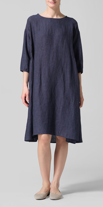 Dark Denim Linen A-Line Round Neck Dress