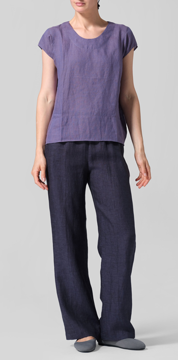 Dark Slate Purple Linen Boxy Cap Sleeved Crew Neck Top
