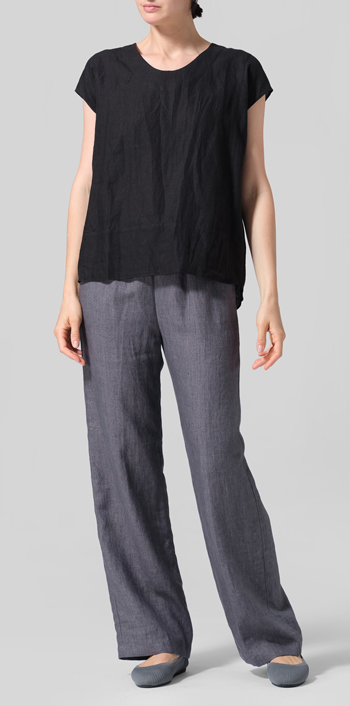 Black Linen Boxy Cap Sleeved Crew Neck Top