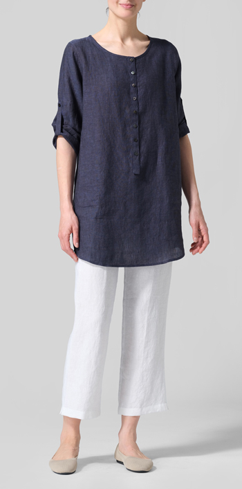 Dark Denim Linen Half Button Long Top
