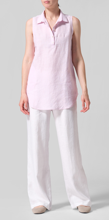 Soft Pink Linen Sleek Sleeveless Lapel Shirt Top