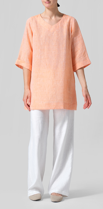 Two Tone Orange Linen Casual Loose-Fit V-Neck Midi Top