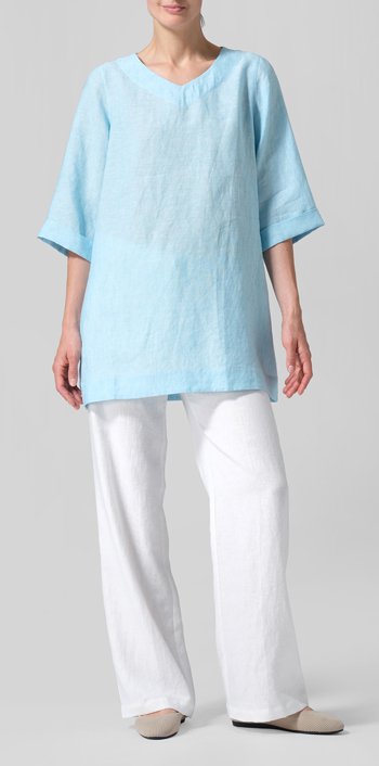 Aqua Blue Linen Casual Loose-Fit V-Neck Midi Top