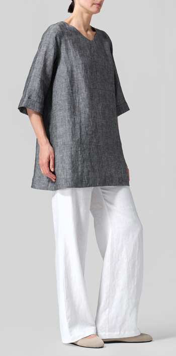 Two Tone Black Linen Casual Loose-Fit V-Neck Midi Top