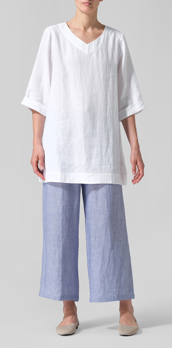 White Linen Casual Loose-Fit V-Neck Midi Top