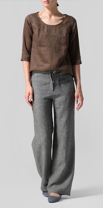 Dark Olive Linen Elbow Sleeve Casual Mid-Length Top