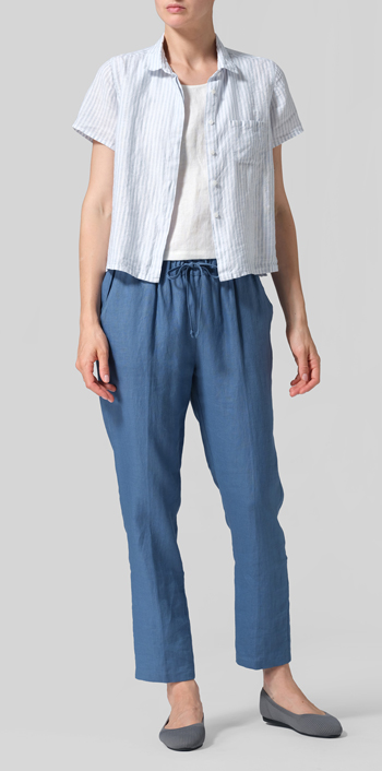 Powder Blue Stripe Linen Short Sleeve Mini-point Collar Shirt