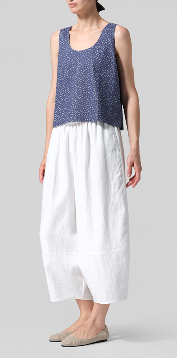 Blue Gray Dot Linen Sleeveless U-neck Vest Top