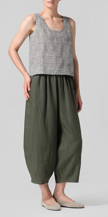 Khaki Brown Print Linen Sleeveless U-neck Vest Top
