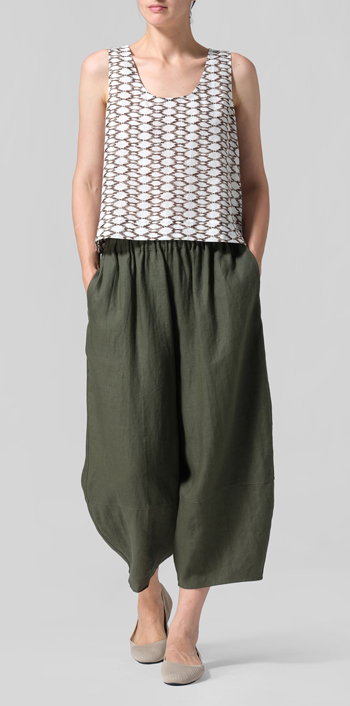 Khaki Beige Net Pattern Linen Sleeveless U-neck Vest Top