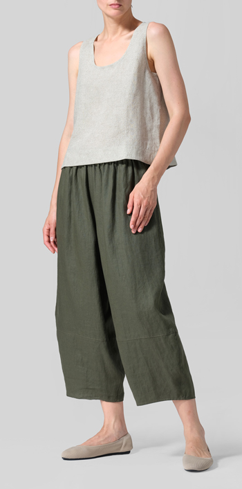 Khaki Green Dot Linen Sleeveless U-neck Vest Top