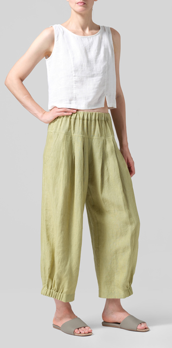 Olive Yellow Linen Crumple Effect Harem Pants (Long)