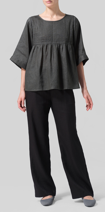 Dark Green Linen Hand-Made Pleated Bell Sleeve Blouse