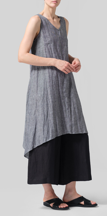 Two Tone Black Linen Sleeveless Crumple Effect Long Dress