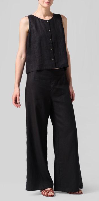 Black Linen Sleeveless Top Tank Set