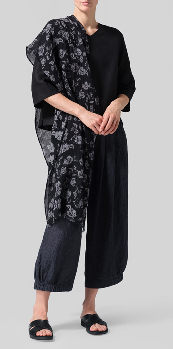 Linen V-Neck Short-Sleeved Top with Scarf