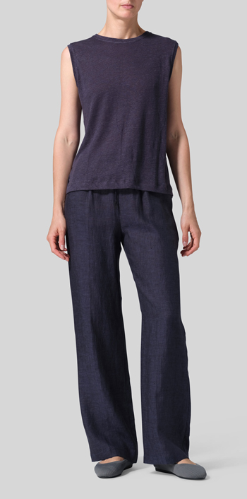 Dark Grayish Blue Linen Knit Sleeveless Crew Neck Tank Top Set