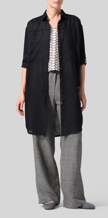 Black Linen Long Shirt Set