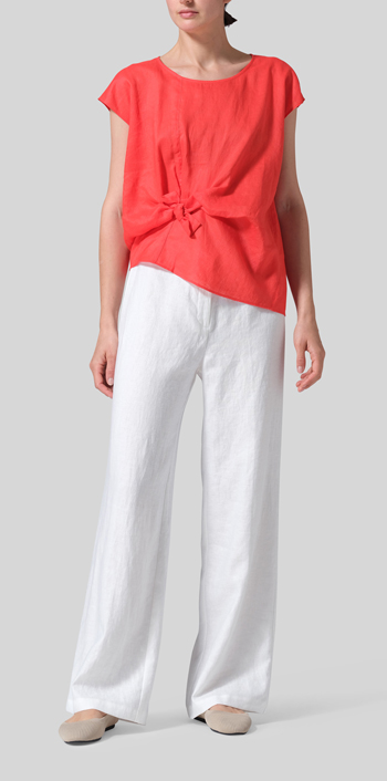 Red Linen Waist Self-tied Ribbon Top