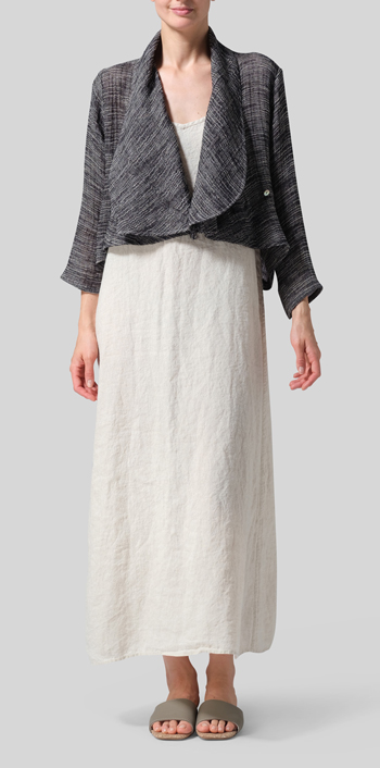 Charcoal Blend Stripe Linen Three-quarter Sleeve Shawl Collar Short Jacket