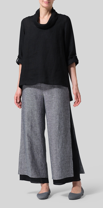 Black Lightweight Linen Cowl Neck Rolled Sleeve Loose Top