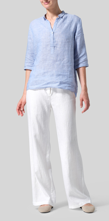 Cornflower Blue Linen Simple Top with Small Shirt Collar