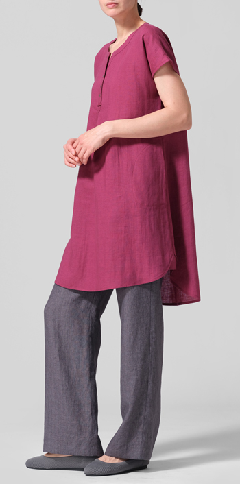 Red Violet Linen Split Neck Long Tunics