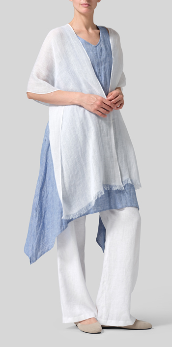 Two Tone Blue White Linen Sleeveless Crumple Effect Long Dress Set