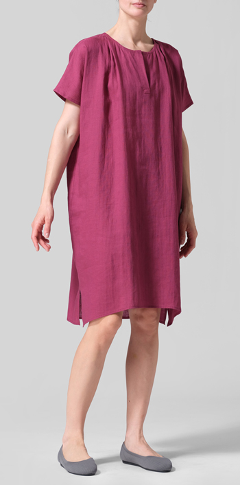 Red Violet Linen Straight Cut V-neck Pleated Tunic