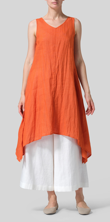 Orange Linen Sleeveless Crumple Effect Long Dress