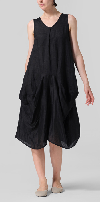 Black Linen Sleeveless Draped Dress