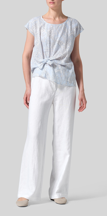 Blue Paisley Waves Linen Waist Self-tied Ribbon Top
