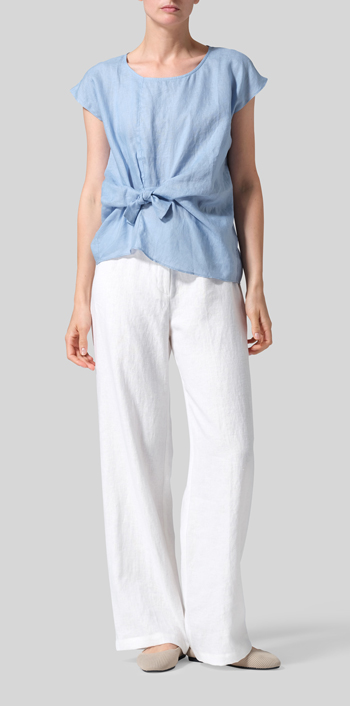 Sky Blue Linen Waist Self-tied Ribbon Top