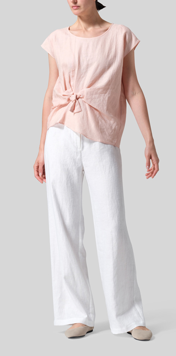 Rose Pink Linen Waist Self-tied Ribbon Top