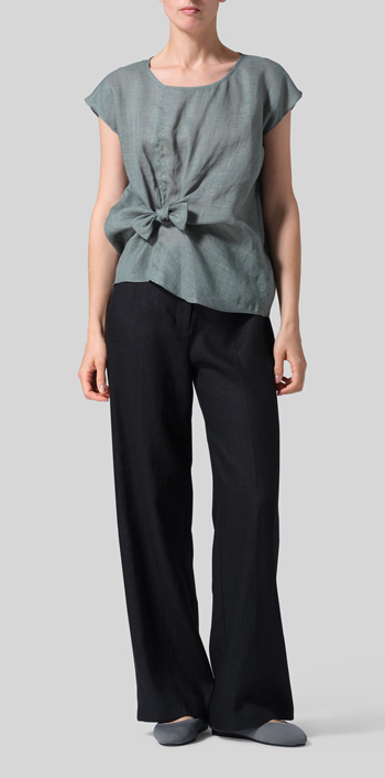 Green Gray Linen Waist Self-tied Ribbon Top