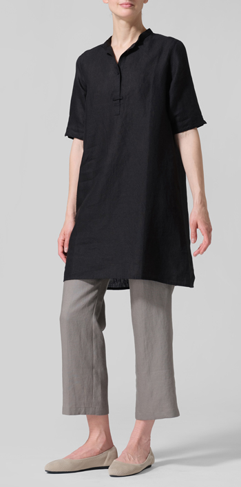 Black Linen A-line Tunic With Double-layer Collar