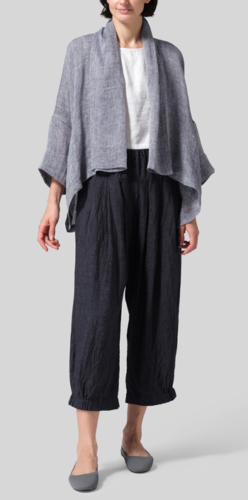 Two Tone Blue Gauze Linen Shawl Collar Open Front Cropped Jacket