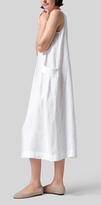 White Linen Loose-Fitting Double pockets Sleeveless Dress