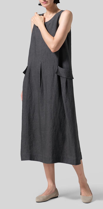 Dark Gray Linen Loose-Fitting Double pockets Sleeveless Dress