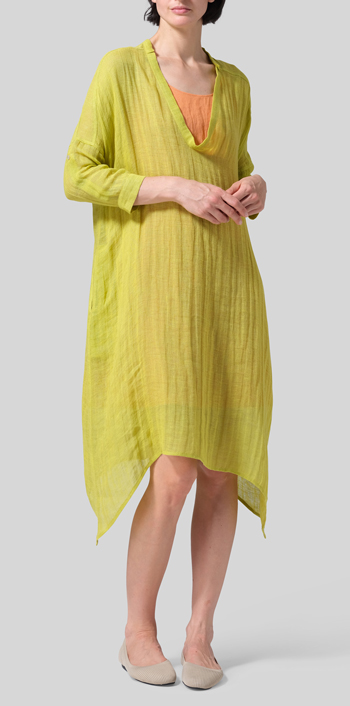 Woven Linen Roll Sleeve Deep V-neck Tunic Set