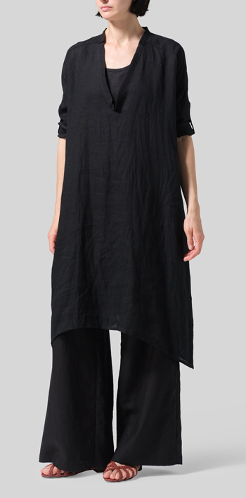 Black Woven Linen Roll Sleeve Deep V-neck Tunic