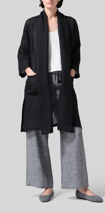 Black Linen Open-Front Shawl Collar Jacket