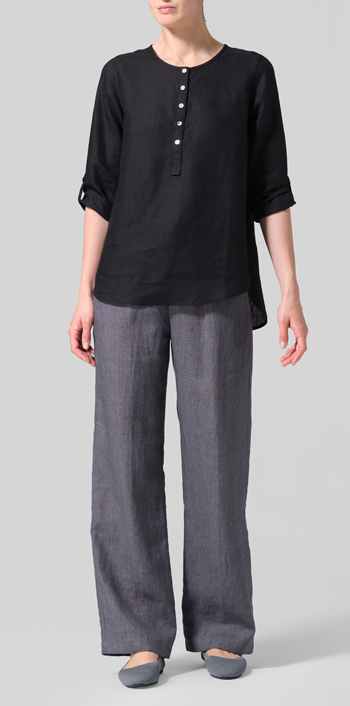 Black Linen Round Neck Half Button Mid-Length Top