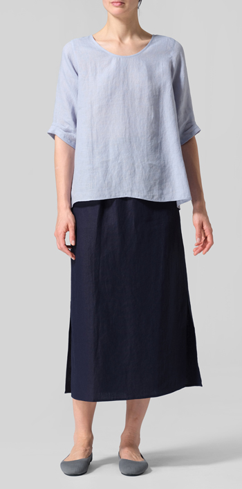 Light Pale Blue Linen Relaxed Scoop Neckline A-Shape Blouse