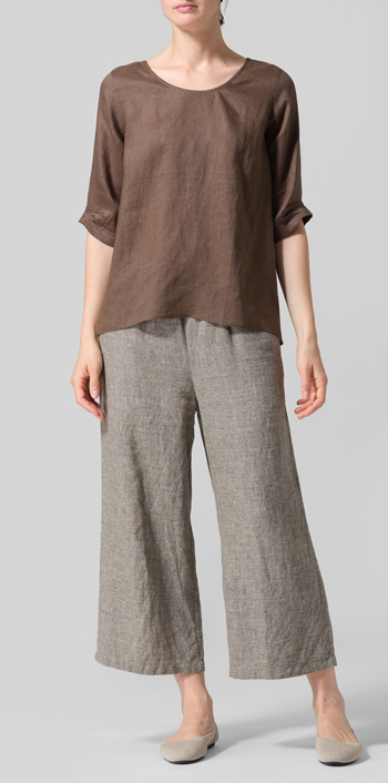 Dark Olive Linen Relaxed Scoop Neckline A-Shape Blouse