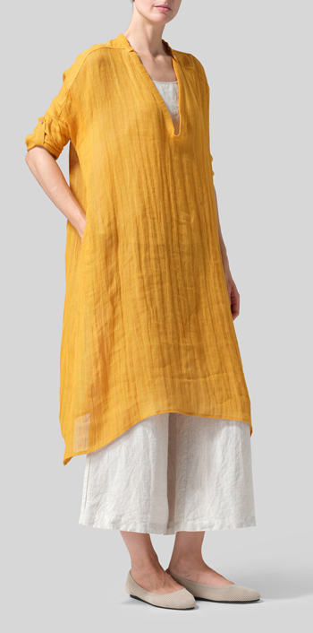 Pale Orange Woven Linen Roll Sleeve Deep V-neck Tunic