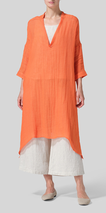 Orange Woven Linen Roll Sleeve Deep V-neck Tunic