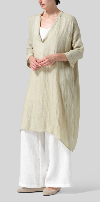 Pale Goldenrod Woven Linen Roll Sleeve Deep V-neck Tunic