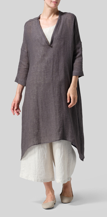 Dark Charcoal Woven Linen Roll Sleeve Deep V-neck Tunic