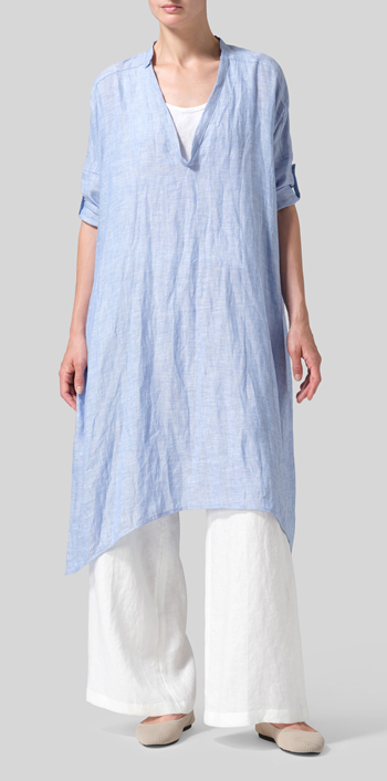 Cornflower Blue Linen Roll Sleeve Deep V-neck Tunic